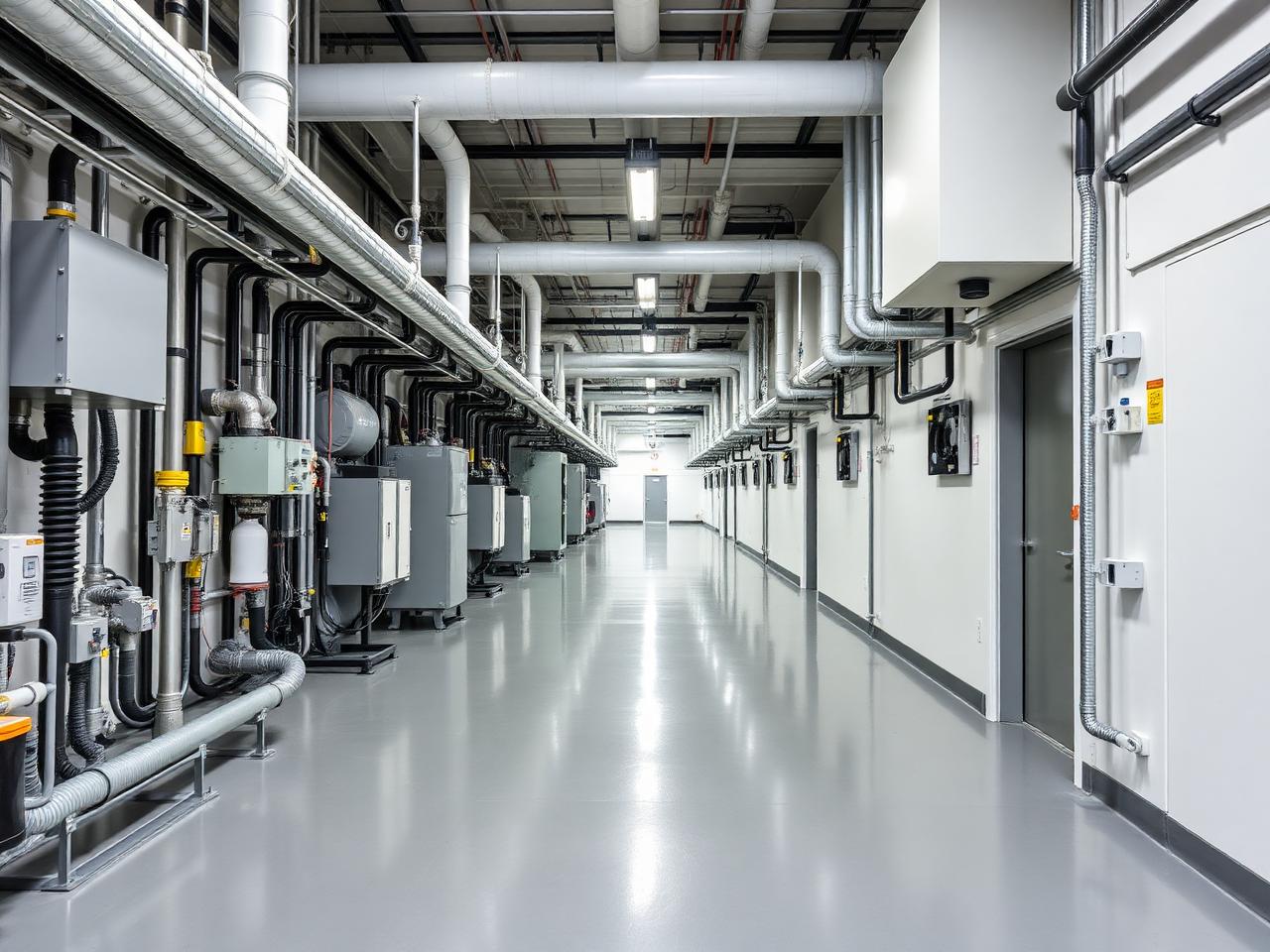 Clean industrial facility corridor with mechanical systems