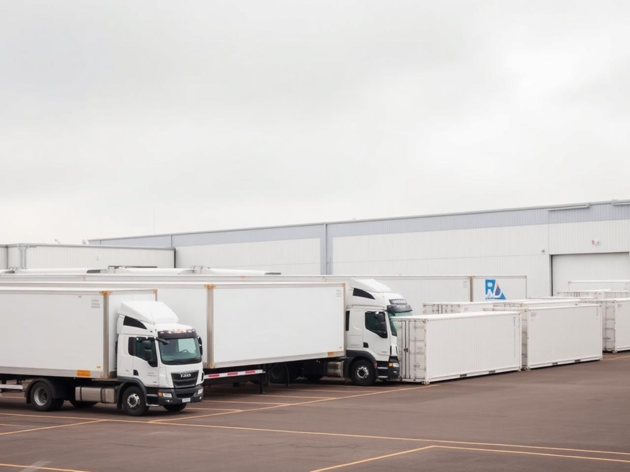 Freight yard with delivery trucks and shipping containers