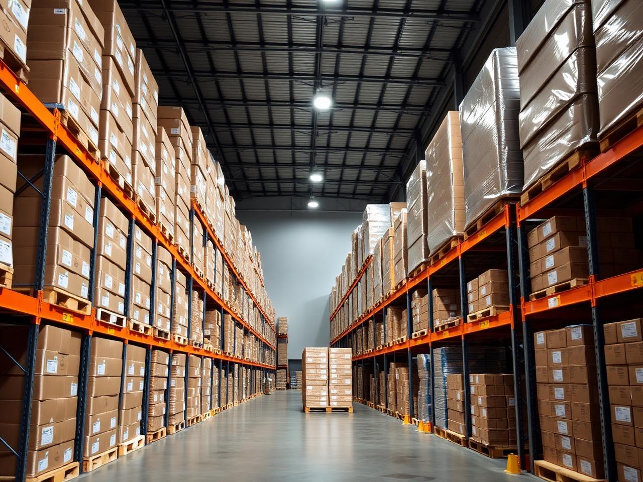 Warehouse aisle with pallet racking and stacked cartons